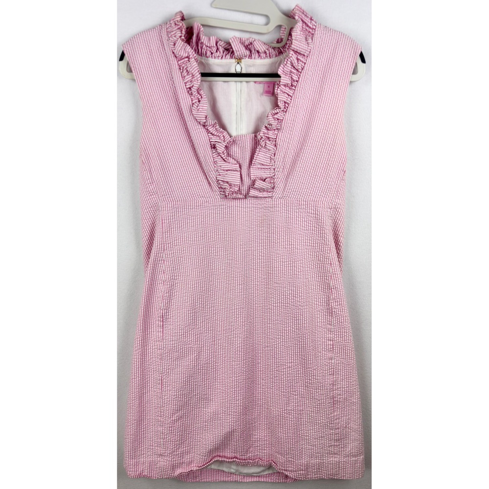 Lilly Pulitzer Pink Seersucker Ruffle V-Neck Shift Dress Womens 10 Cotton Preppy